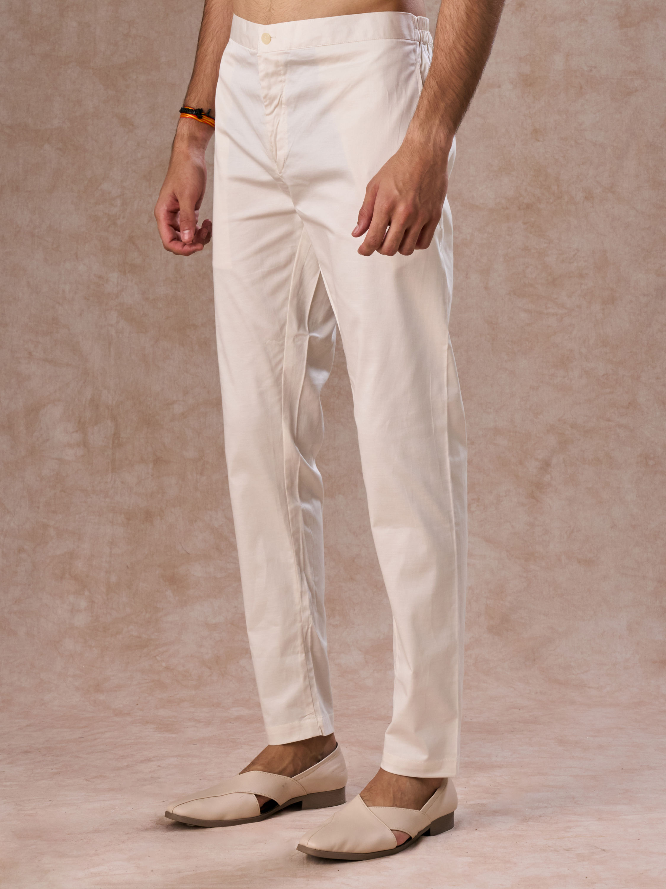 Manyavar Men Warm White Cotton Elegance Pant