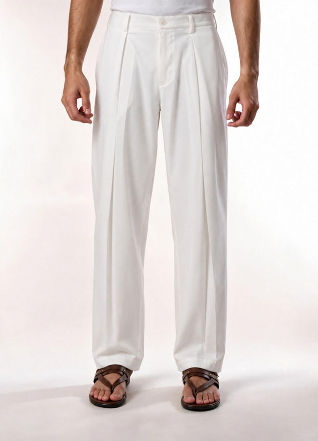 Manyavar Men Cream Spandex Pant with Pleats