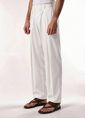 Manyavar Men Cream Spandex Pant with Pleats
