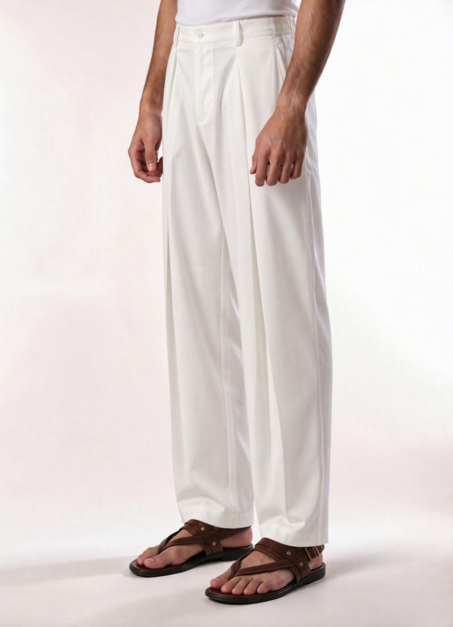 Manyavar Men Cream Spandex Pant with Pleats