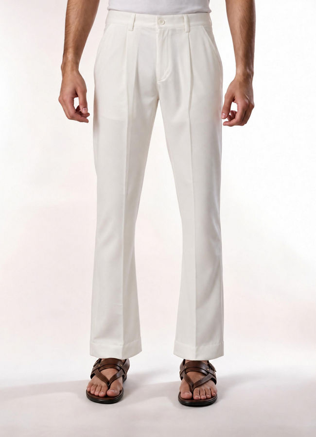 Manyavar Men Cream Spandex Pant with Pleats