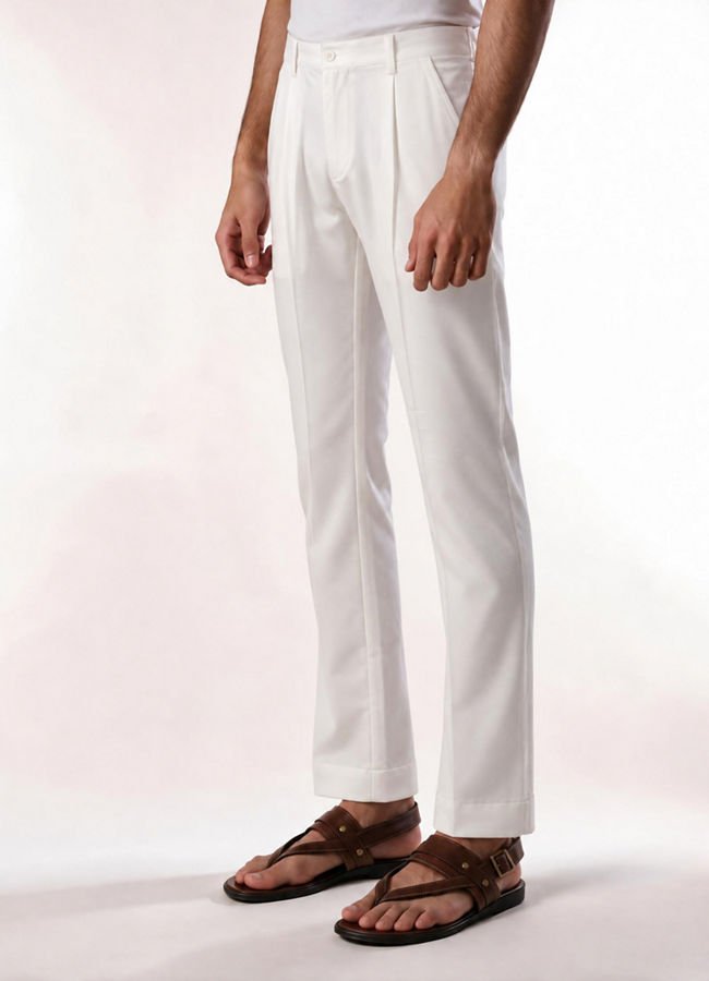 Manyavar Men Cream Spandex Pant with Pleats