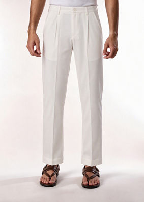 Manyavar Men Cream Blended Rayon Pant with Pleats