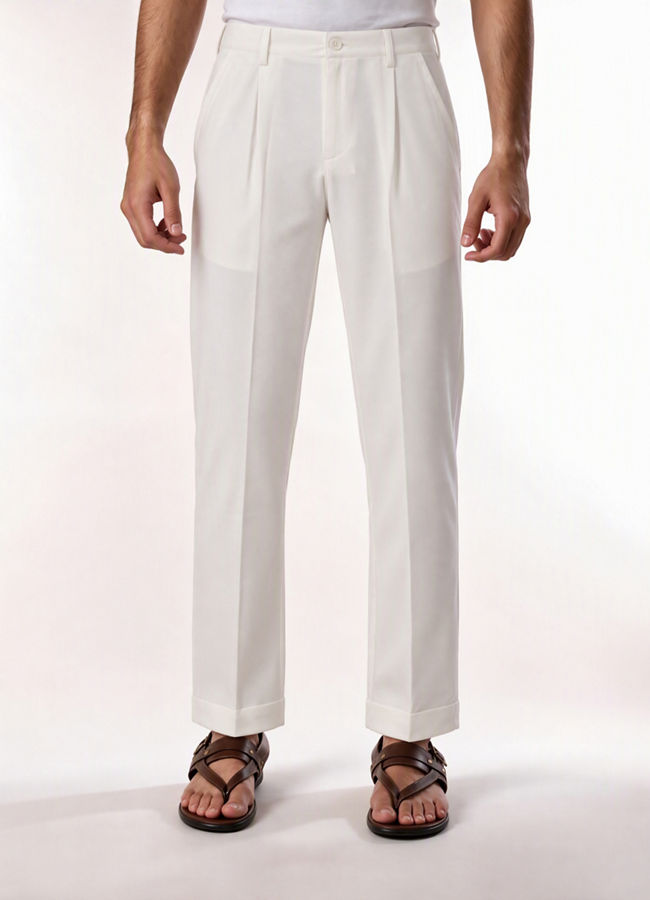 Manyavar Men Cream Blended Rayon Pant with Pleats