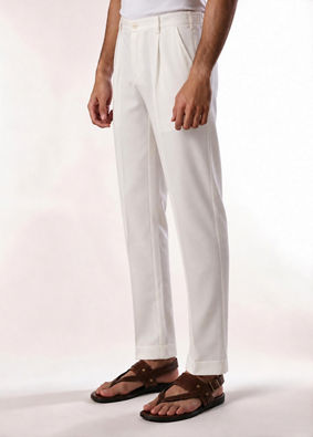 Manyavar Men Cream Blended Rayon Pant with Pleats