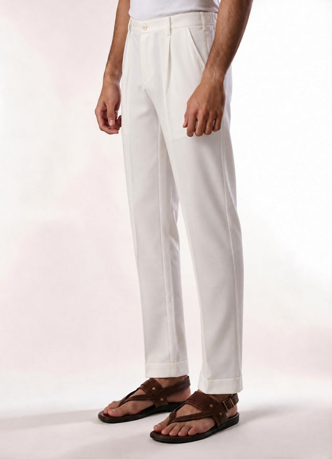 Manyavar Men Cream Blended Rayon Pant with Pleats