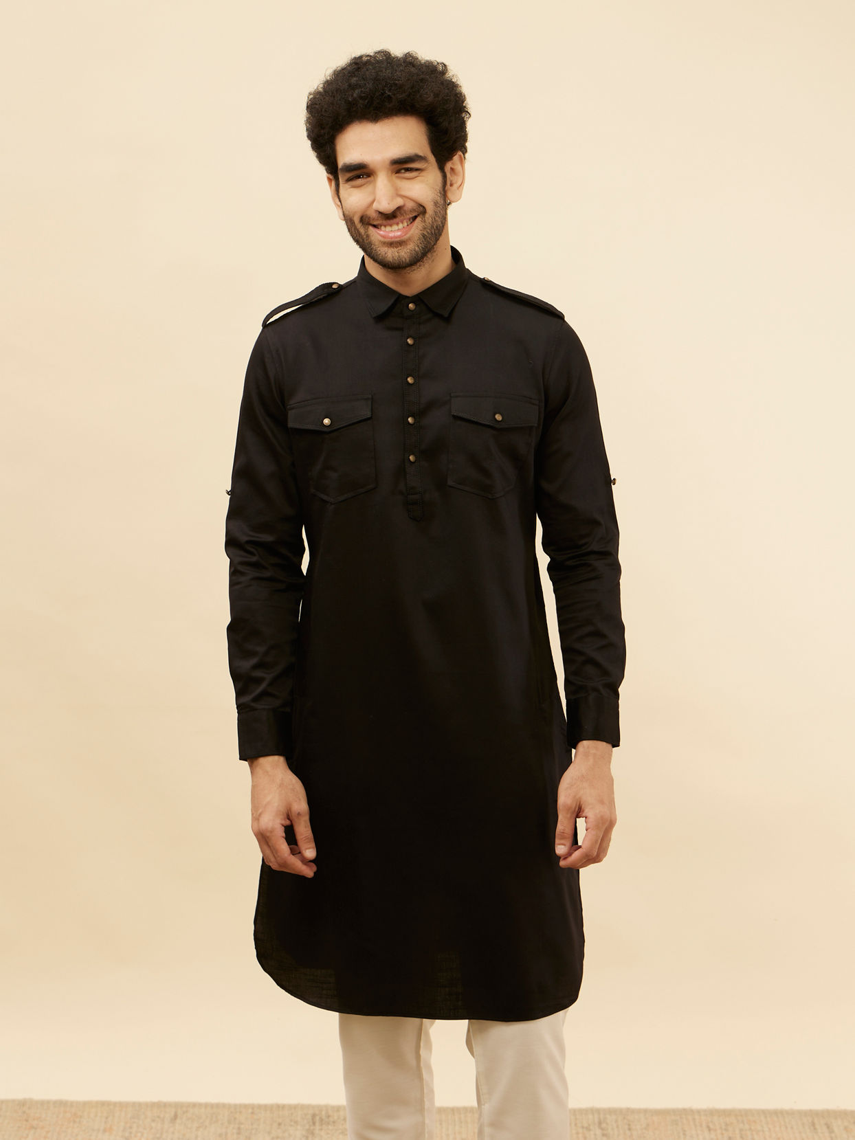 alt message - Manyavar Men Soot Black Pathani Style Kurta image number 0