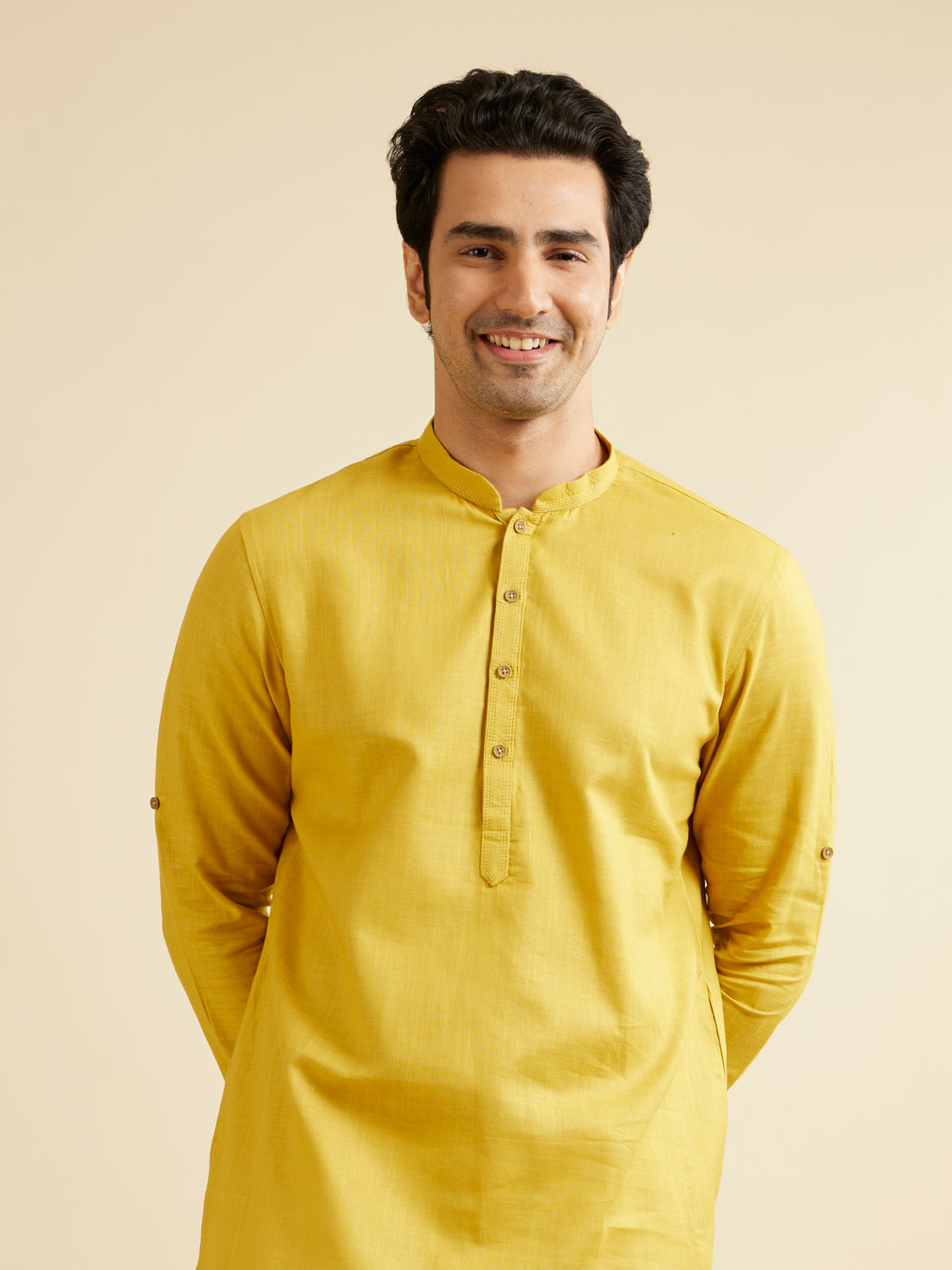 alt message - Manyavar Men Mustard Yellow Pathani Style Kurta image number 0