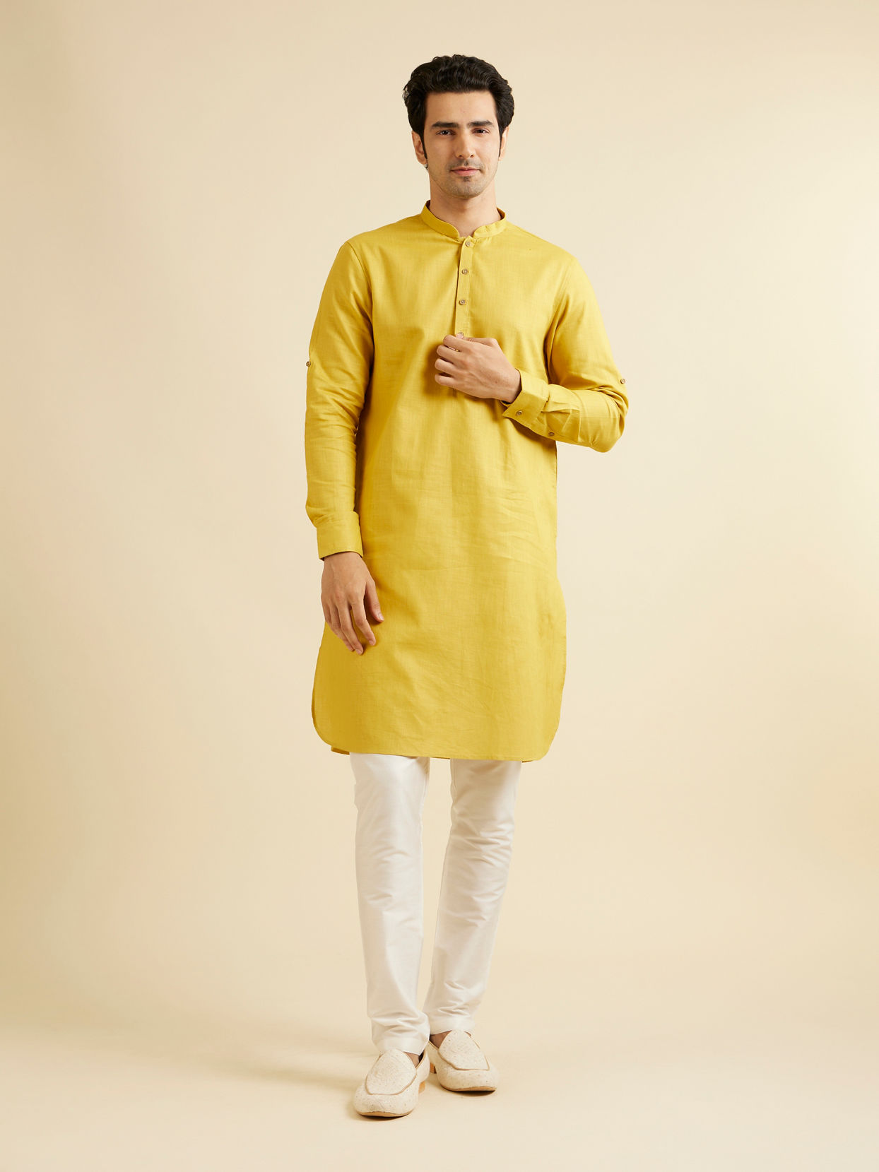 alt message - Manyavar Men Mustard Yellow Pathani Style Kurta image number 2