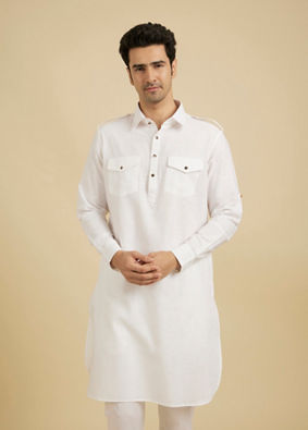 Manyavar Men Elegant White Cotton Pathani Kurta image number 0