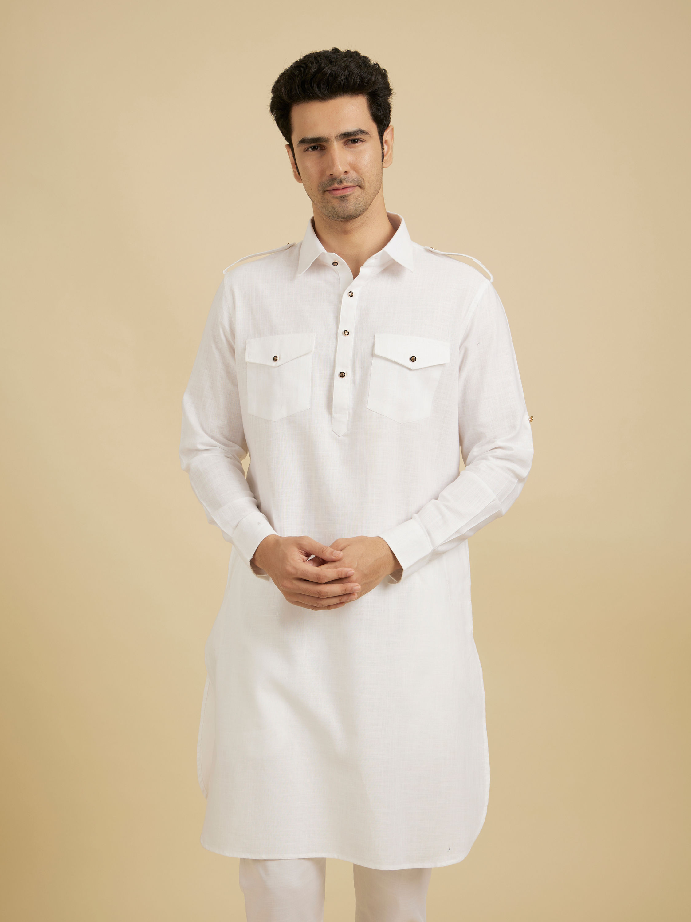 Manyavar Men Elegant White Cotton Pathani Kurta