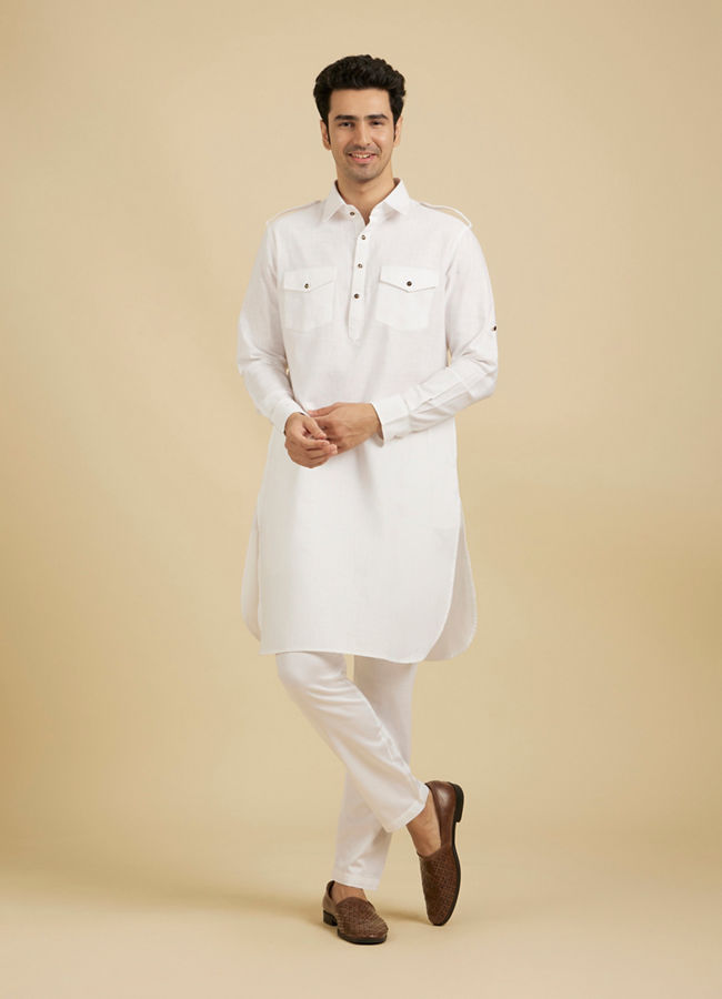 Manyavar Men Elegant White Cotton Pathani Kurta image number 2