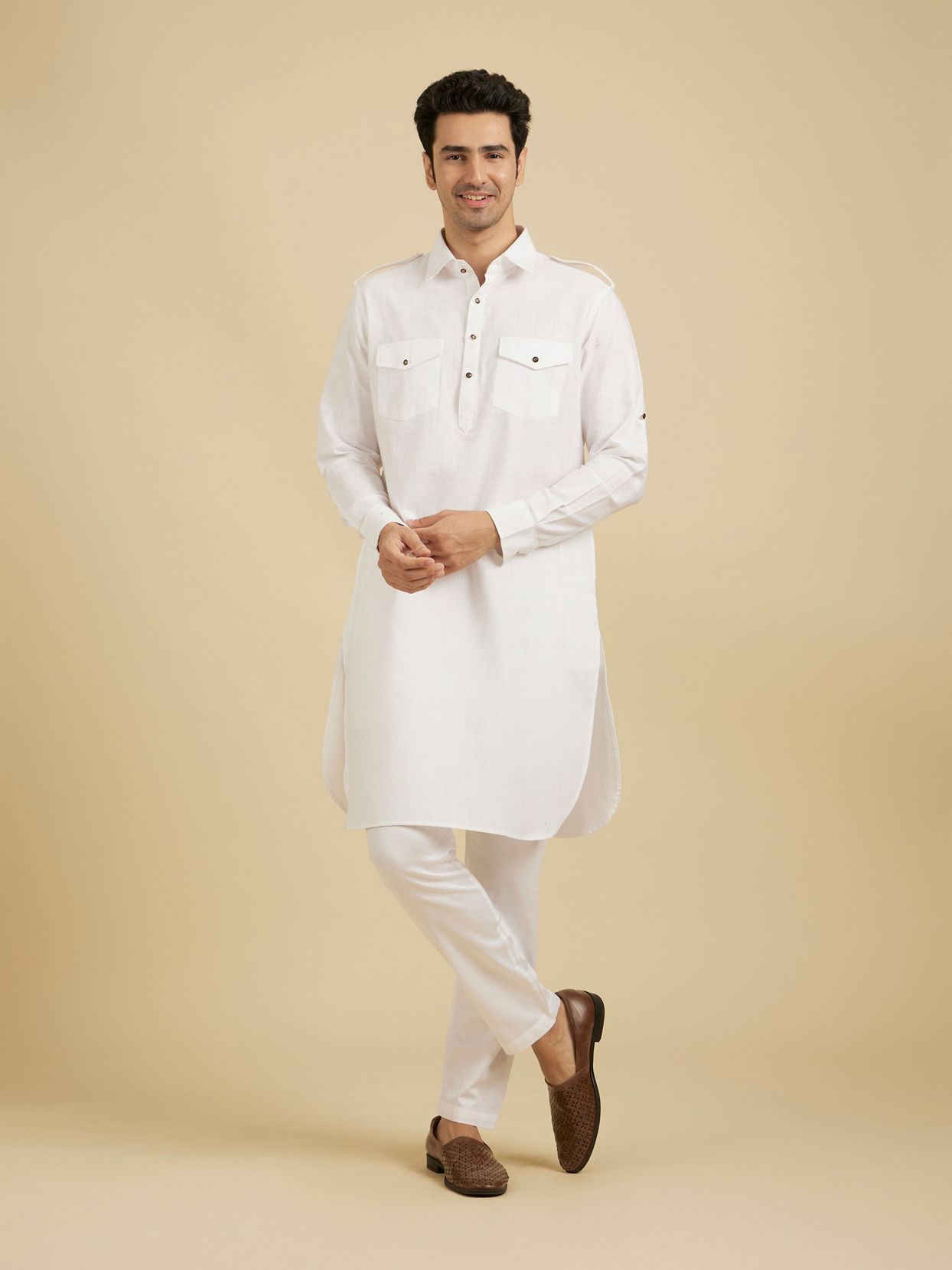 Manyavar Men Elegant White Cotton Pathani Kurta