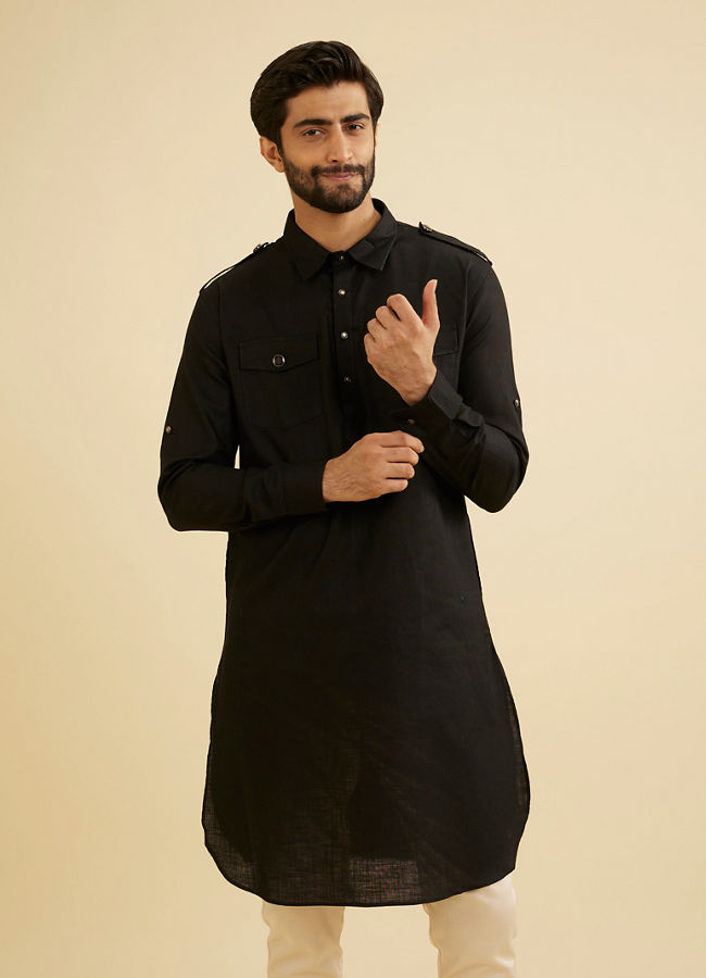 Manyavar Men Black Cotton Pathani Kurta image number 0