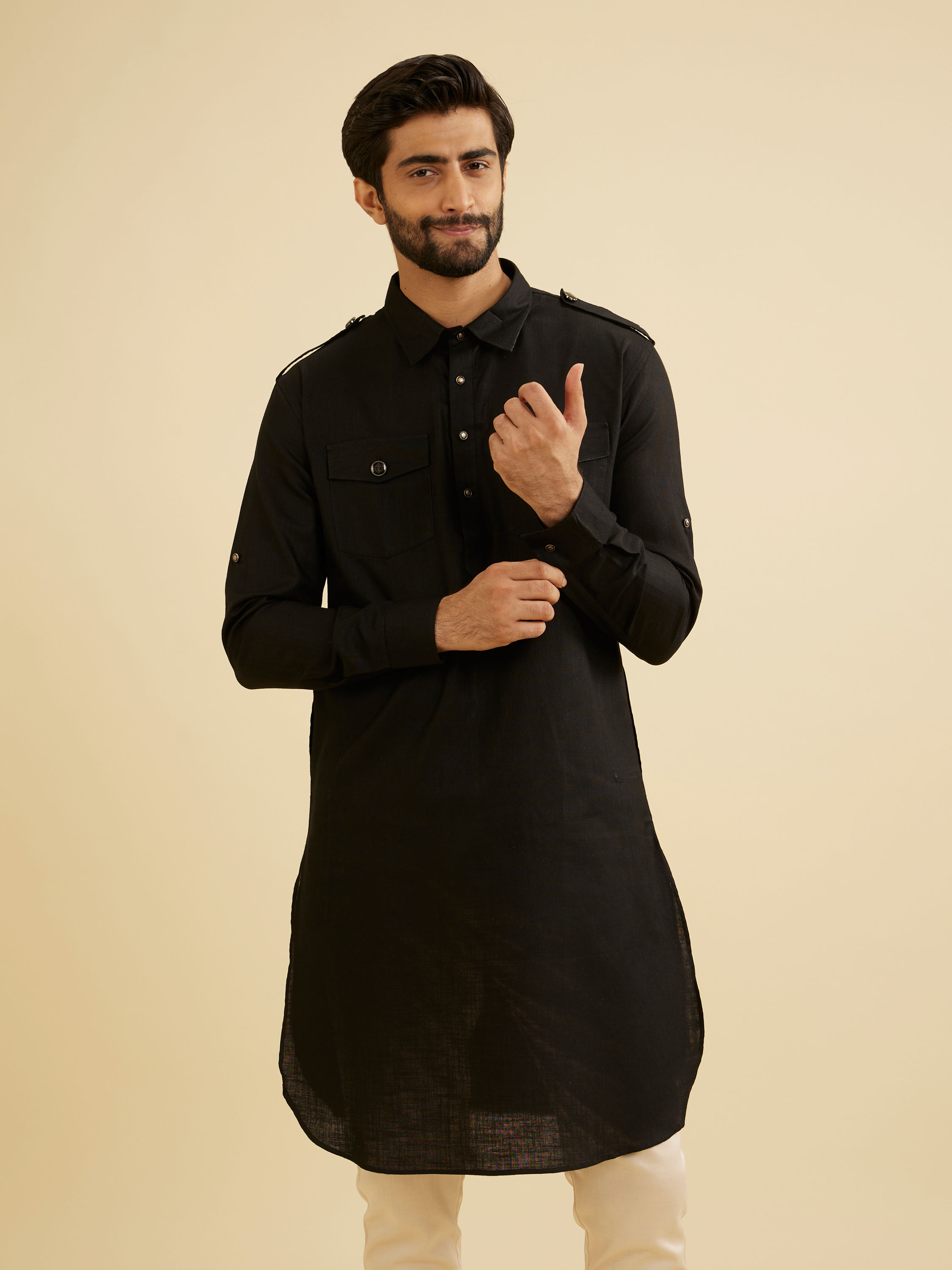 Manyavar Men Black Cotton Pathani Kurta