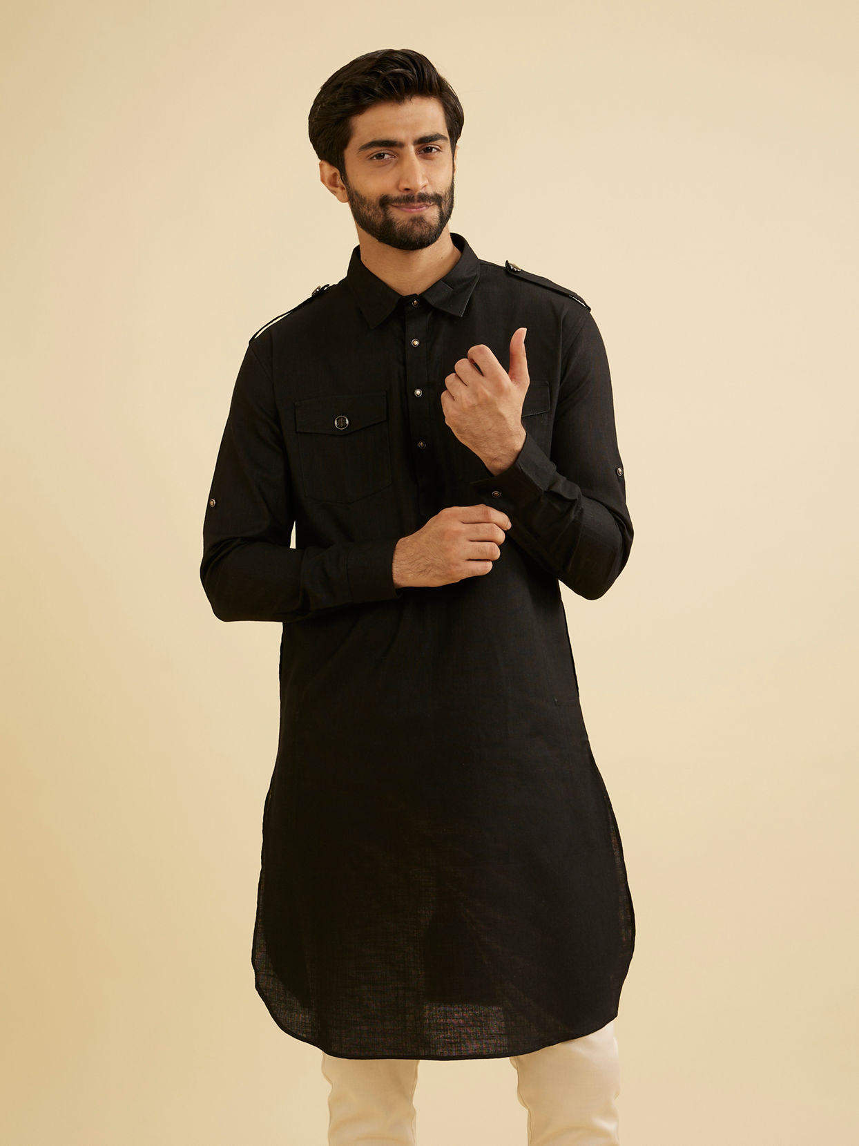 Manyavar Men Black Cotton Pathani Kurta image number 0