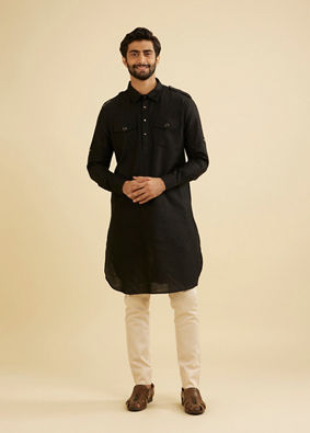 Manyavar Men Black Cotton Pathani Kurta image number 2