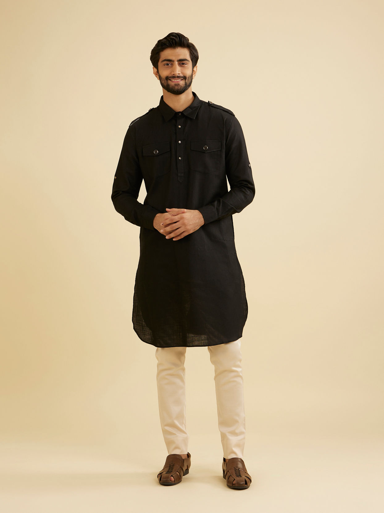 Manyavar Men Black Cotton Pathani Kurta