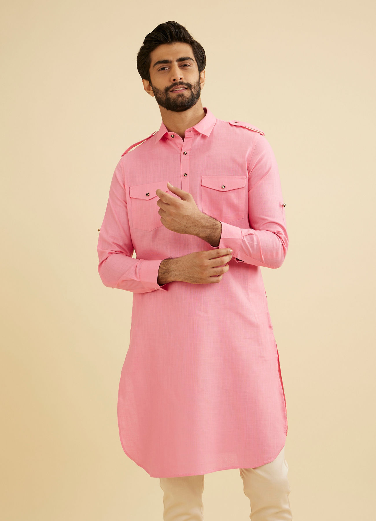 Manyavar Men Pink Elegance Cotton Pathani Kurta