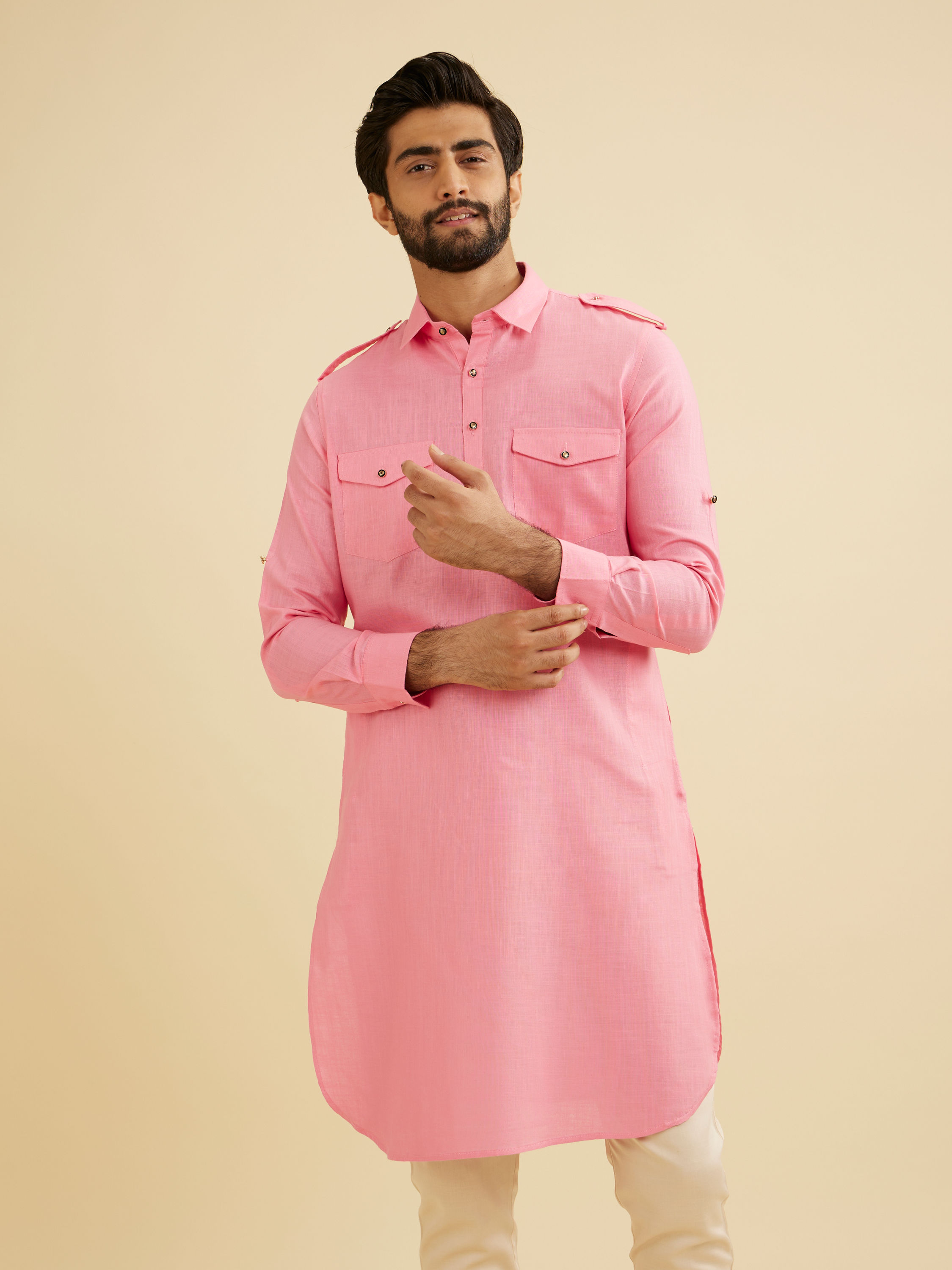 Manyavar Men Pink Elegance Cotton Pathani Kurta