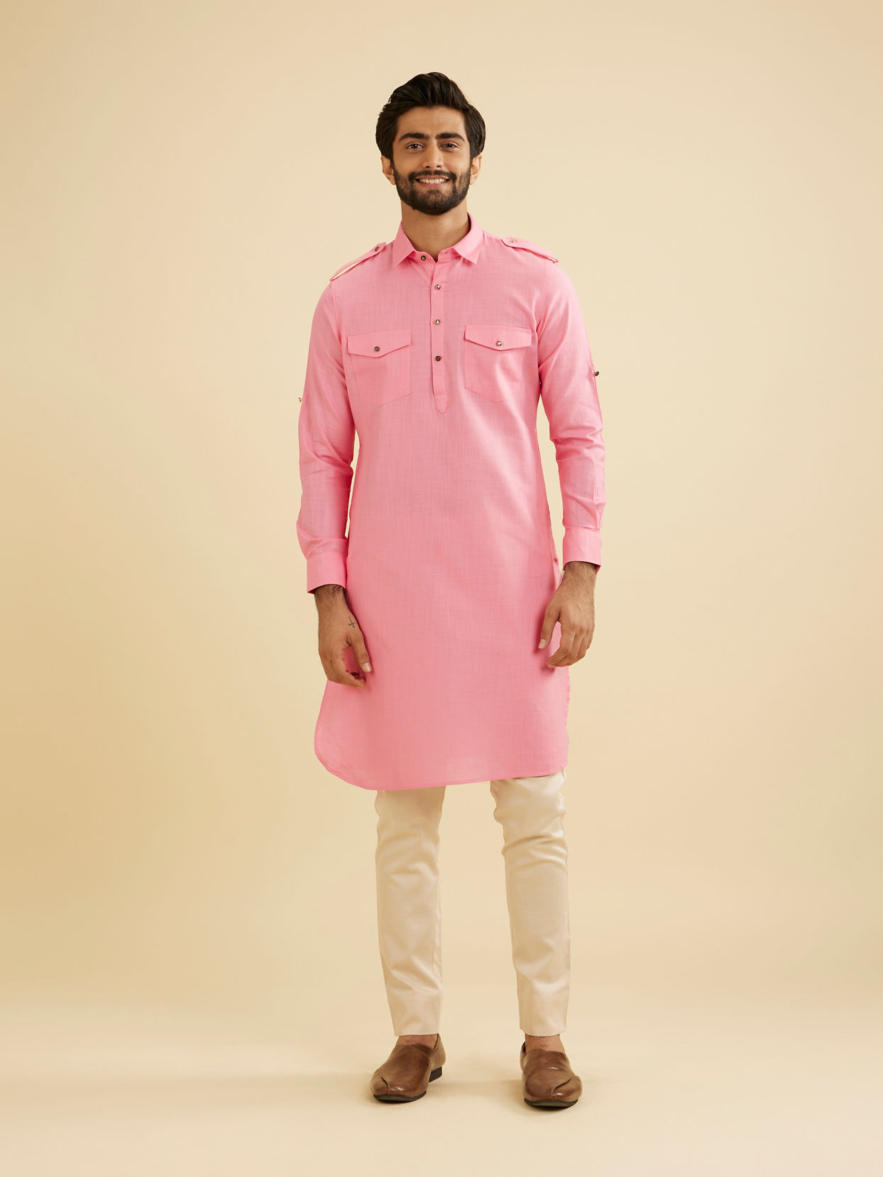 Manyavar Men Pink Elegance Cotton Pathani Kurta image number 2