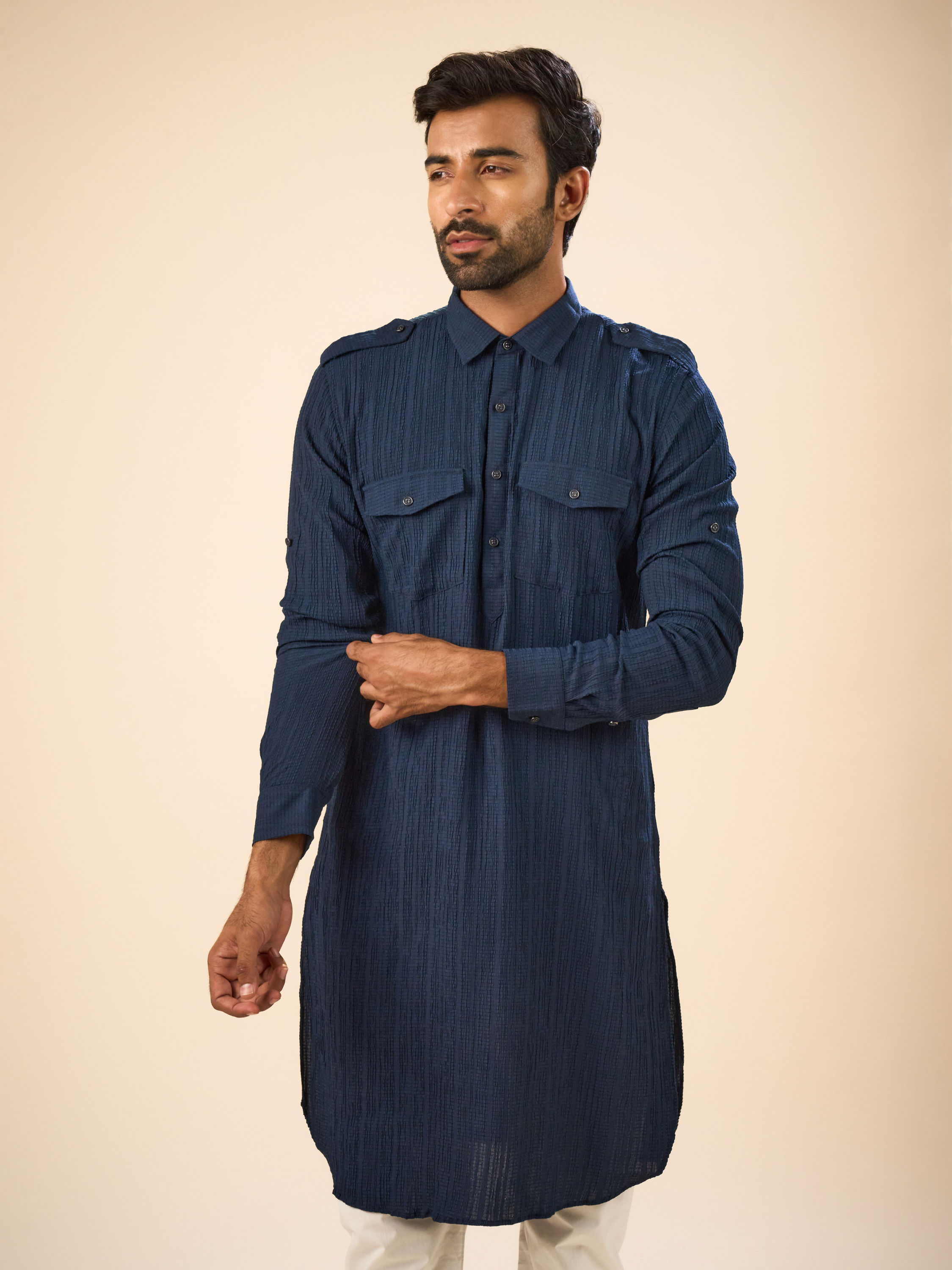 Manyavar Men Majestic Dark Blue Pathani Kurta