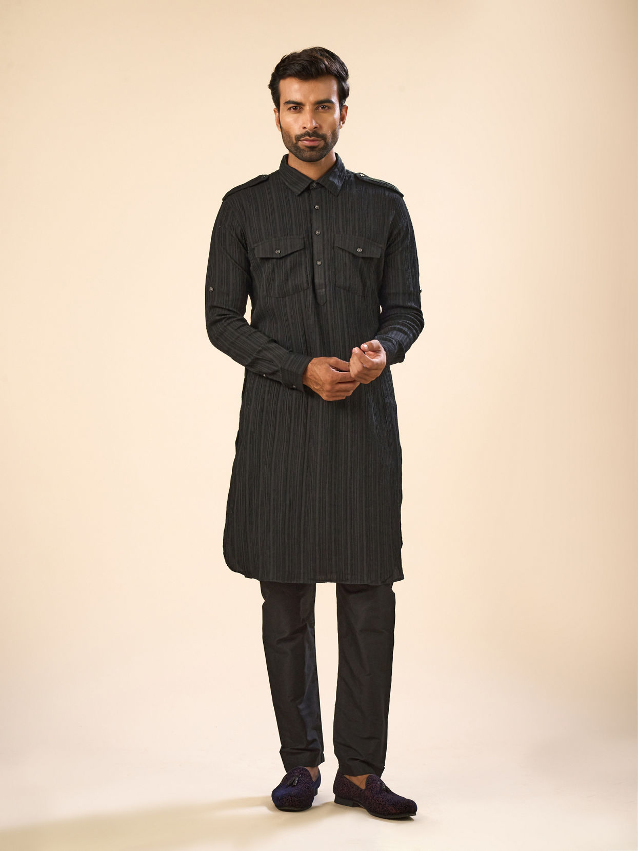 Manyavar Men Black Elegance Spandex Pathani Kurta