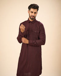Manyavar Men Elegant Wine Pathani Kurta Spandex