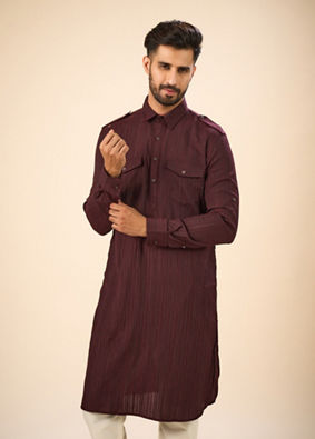 Manyavar Men Elegant Wine Pathani Kurta Spandex