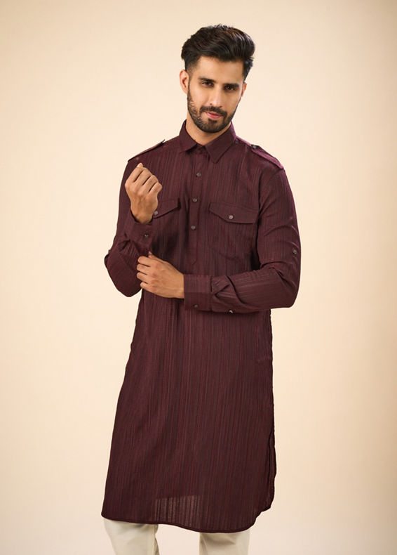 Manyavar Men Elegant Wine Pathani Kurta Spandex