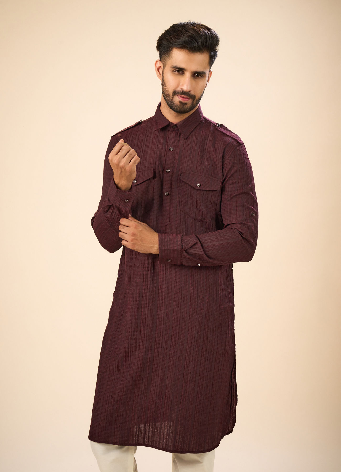 Manyavar Men Elegant Wine Pathani Kurta Spandex