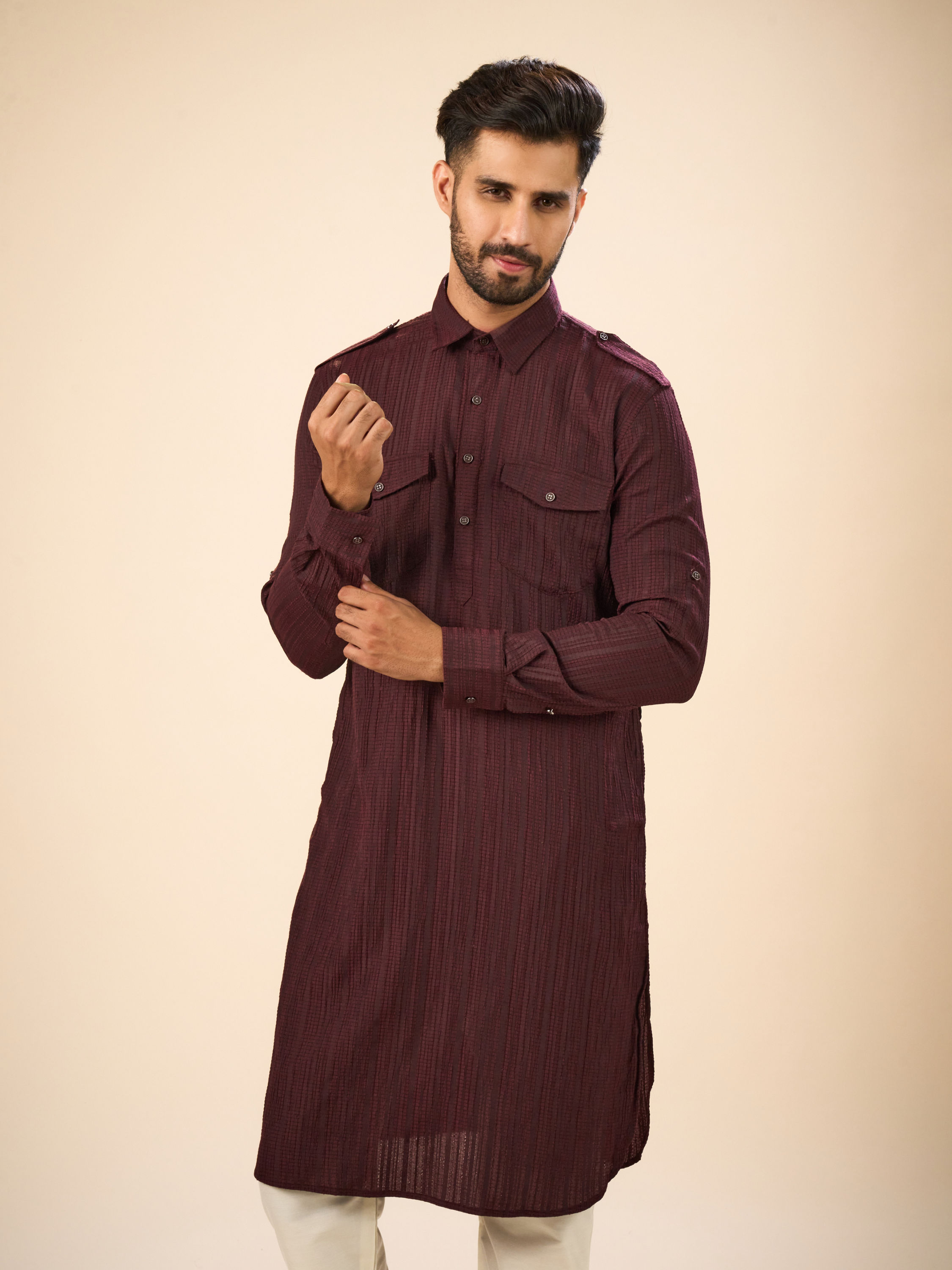 Manyavar Men Elegant Wine Pathani Kurta Spandex