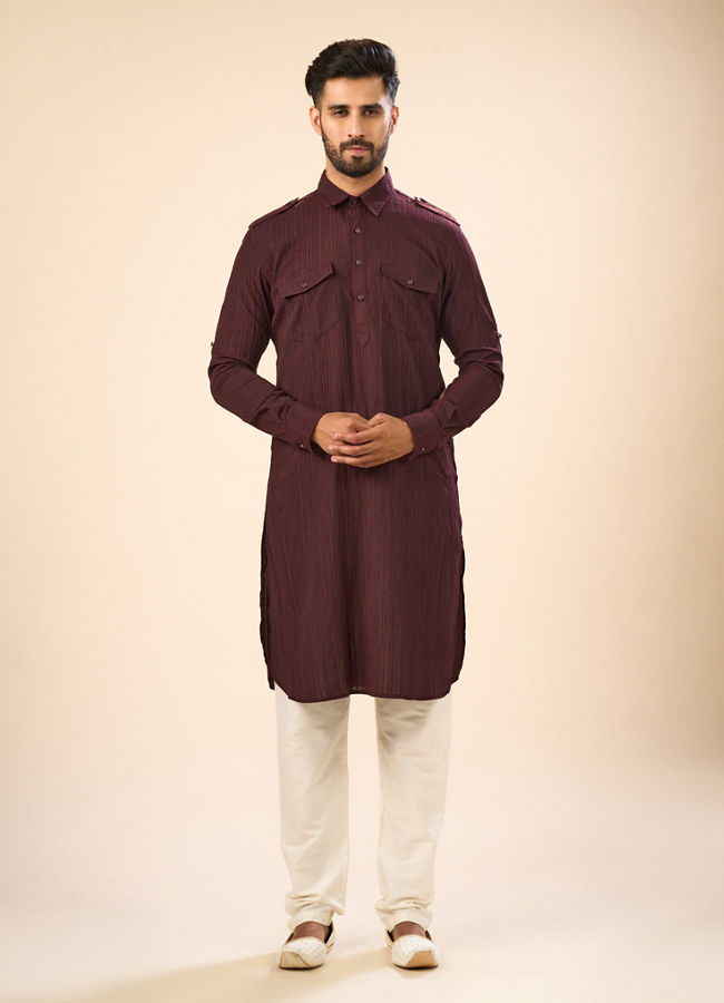 Manyavar Men Elegant Wine Pathani Kurta Spandex