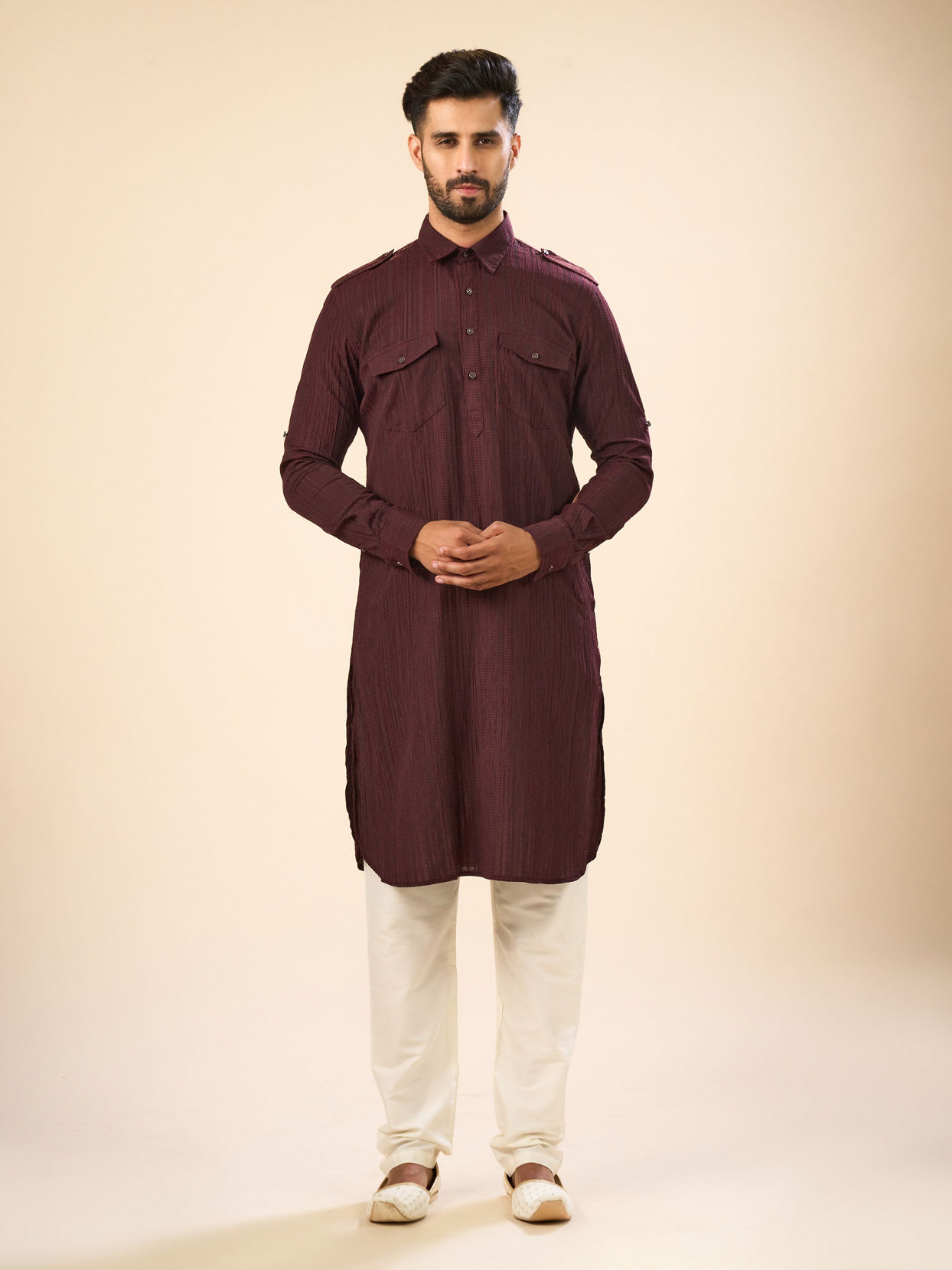 Manyavar Men Elegant Wine Pathani Kurta Spandex