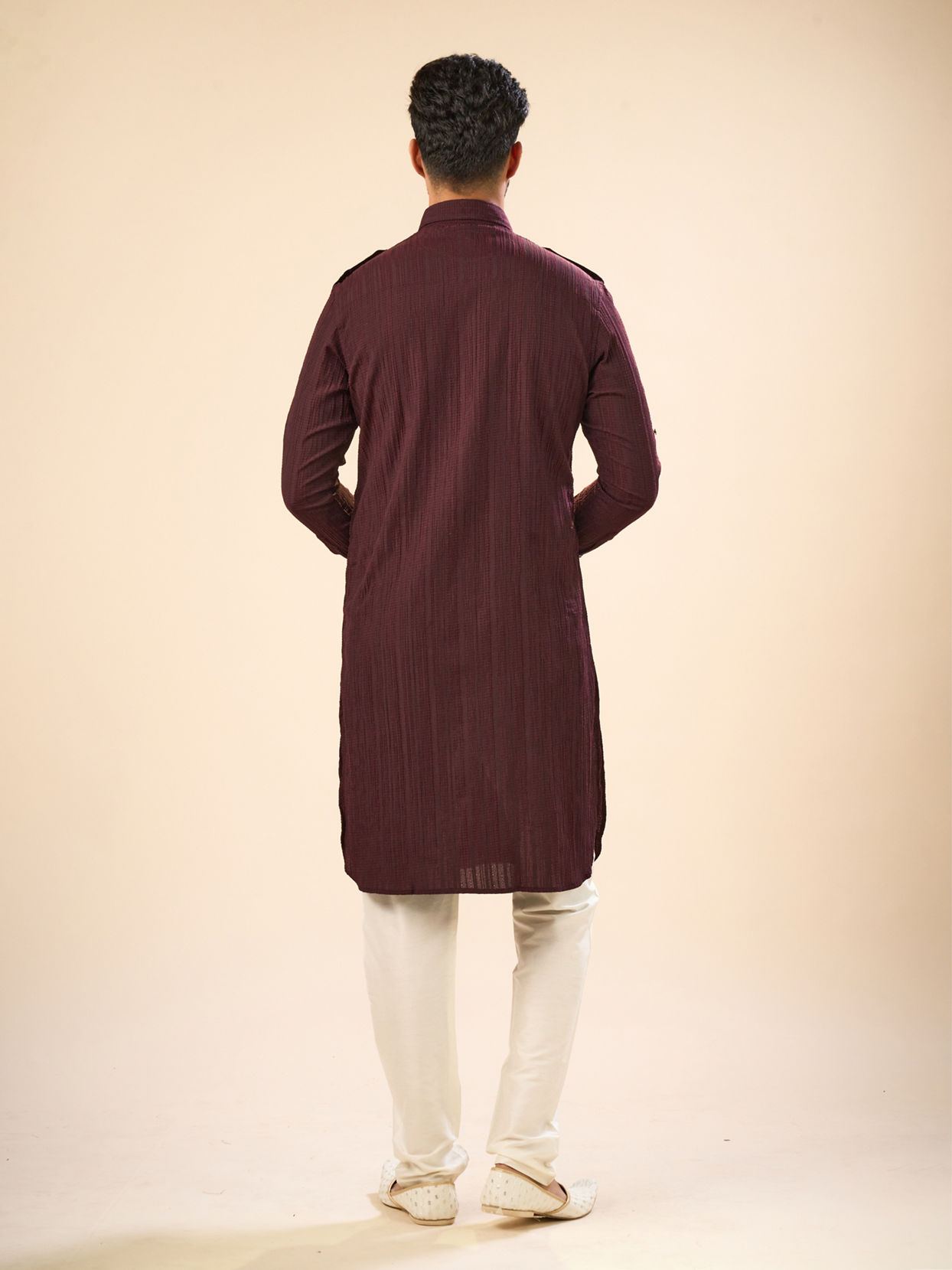 Manyavar Men Elegant Wine Pathani Kurta Spandex