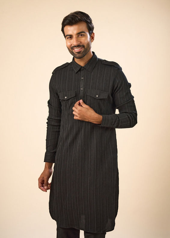 Manyavar Men Black Elegance Spandex Pathani Kurta