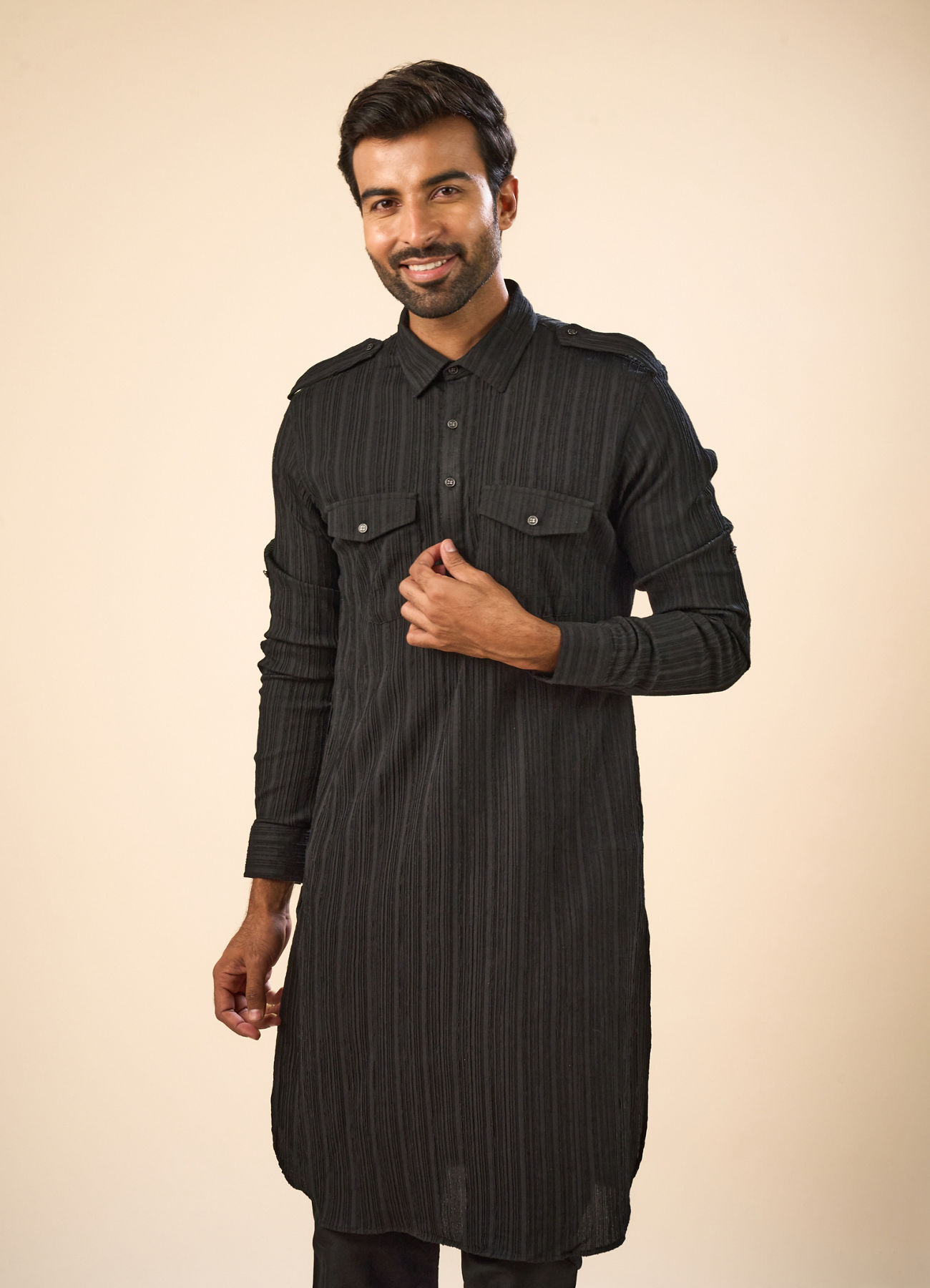 Manyavar Men Black Elegance Spandex Pathani Kurta