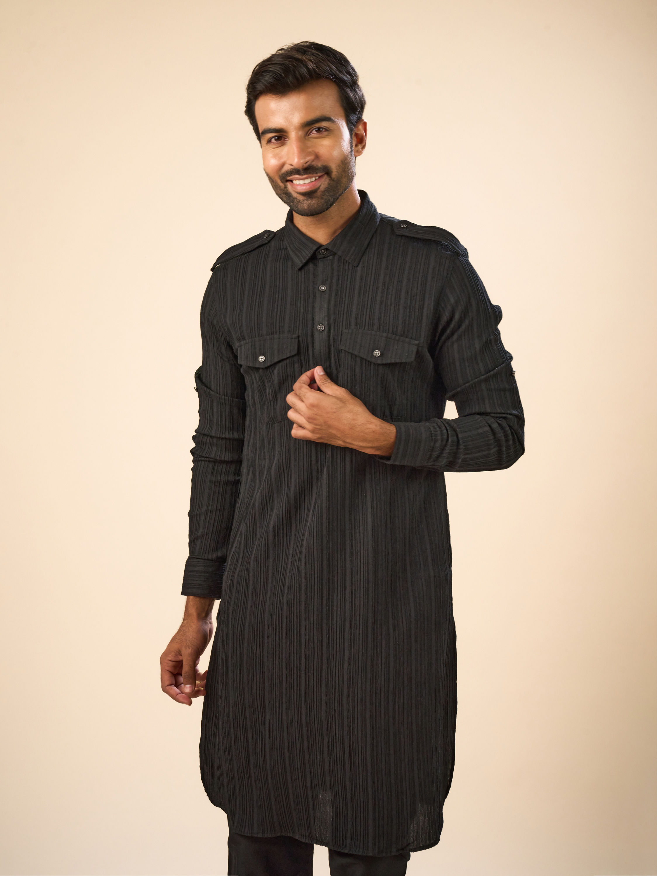 Manyavar Men Black Elegance Spandex Pathani Kurta