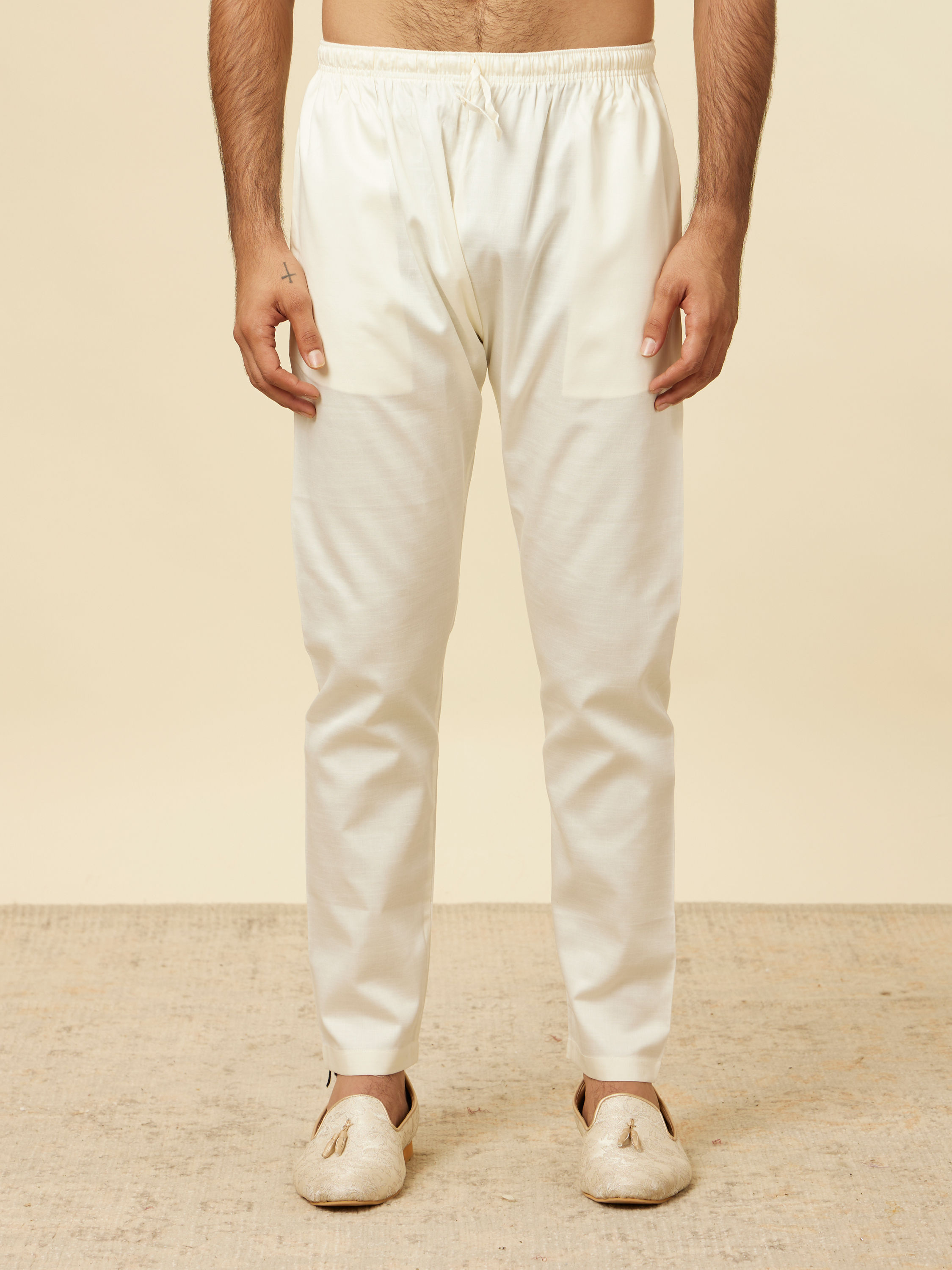 Manyavar Men Vanilla Cream Pencil Cut Pyjamas