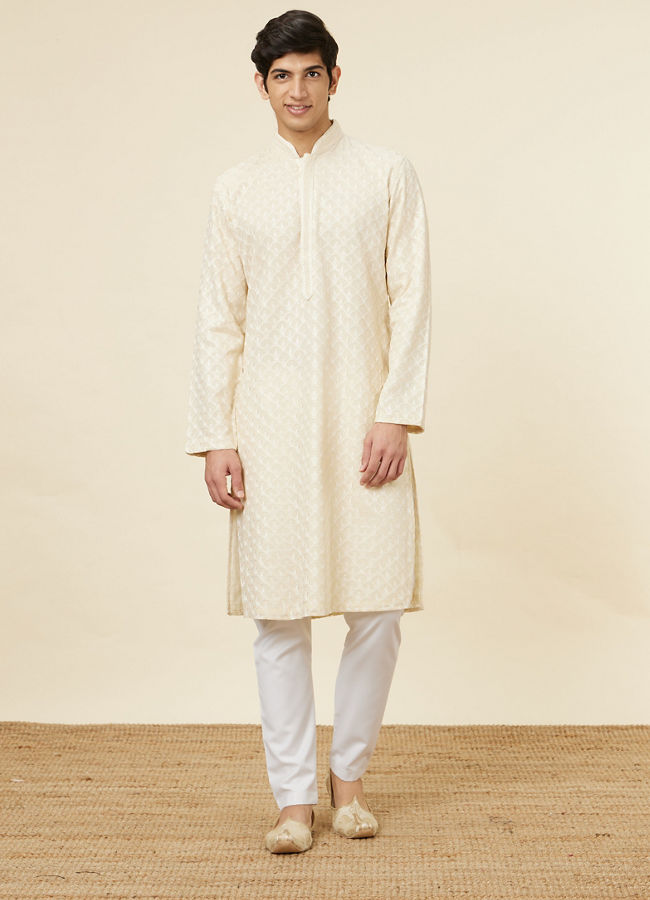 Manyavar Men Daisy White Pencil Cut Pajama
