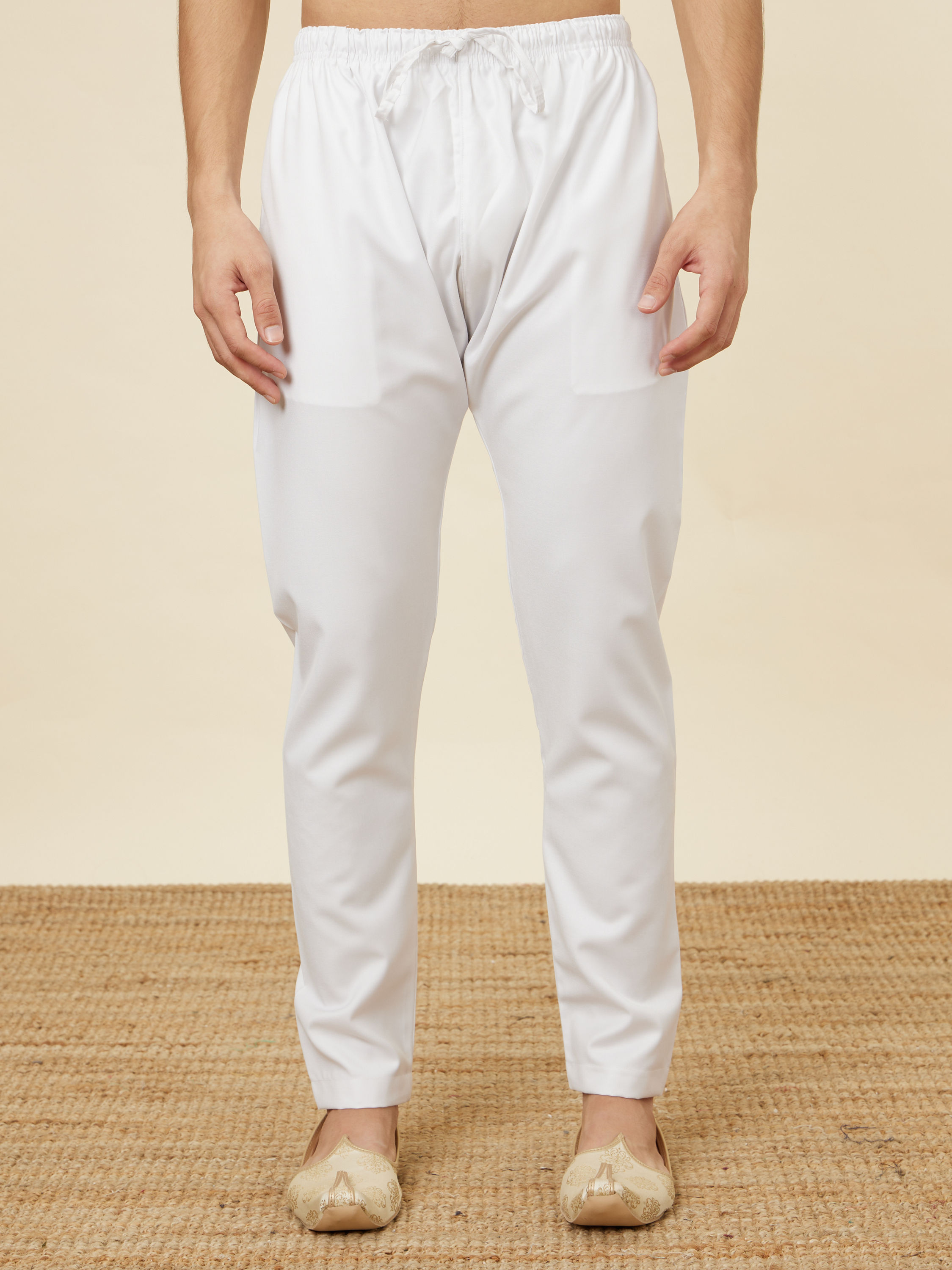 Manyavar Men Daisy White Pencil Cut Pajama