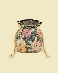 Mohey Women Indigo Blue Floral Patterned Potli Bag with Stone Work