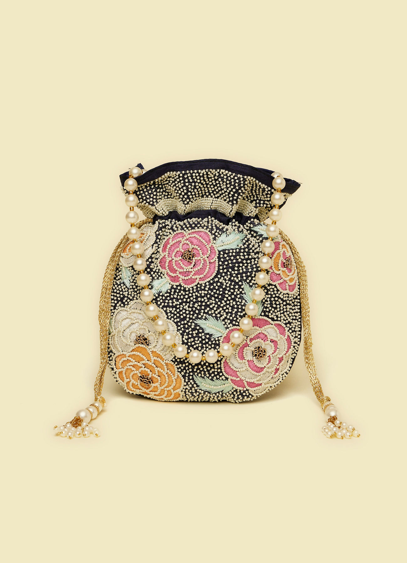 Mohey Women Indigo Blue Floral Patterned Potli Bag with Stone Work