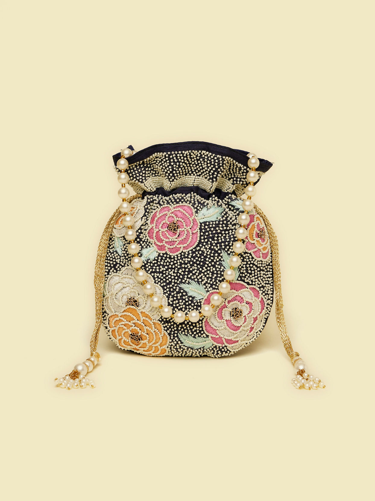Mohey Women Indigo Blue Floral Patterned Potli Bag with Stone Work