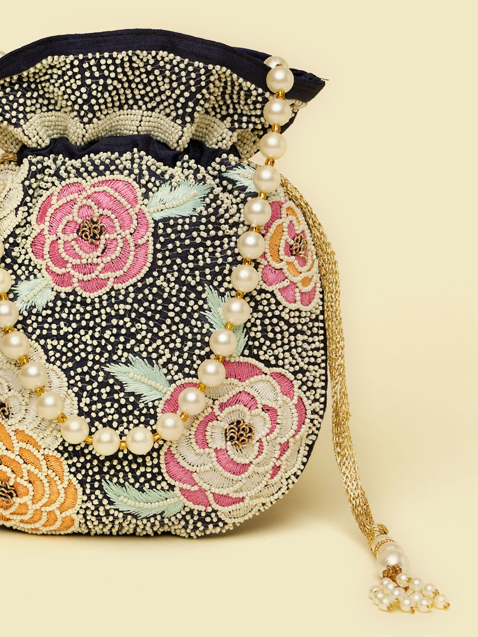 Mohey Women Indigo Blue Floral Patterned Potli Bag with Stone Work