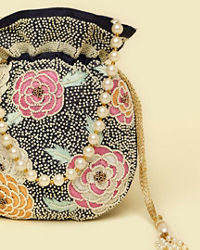 Mohey Women Indigo Blue Floral Patterned Potli Bag with Stone Work