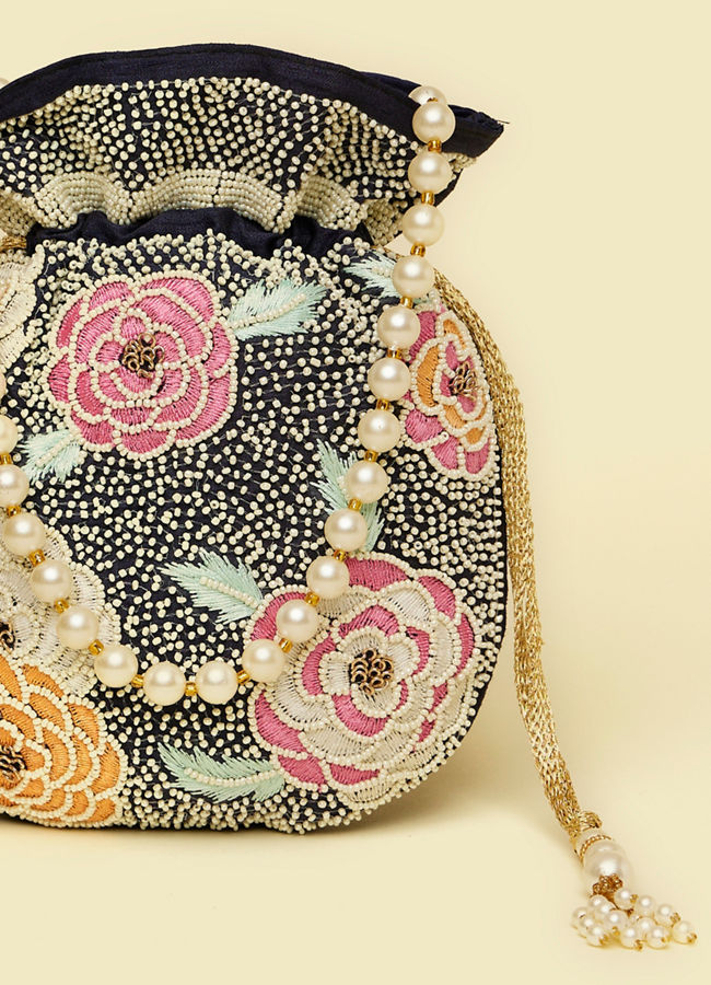 Mohey Women Indigo Blue Floral Patterned Potli Bag with Stone Work