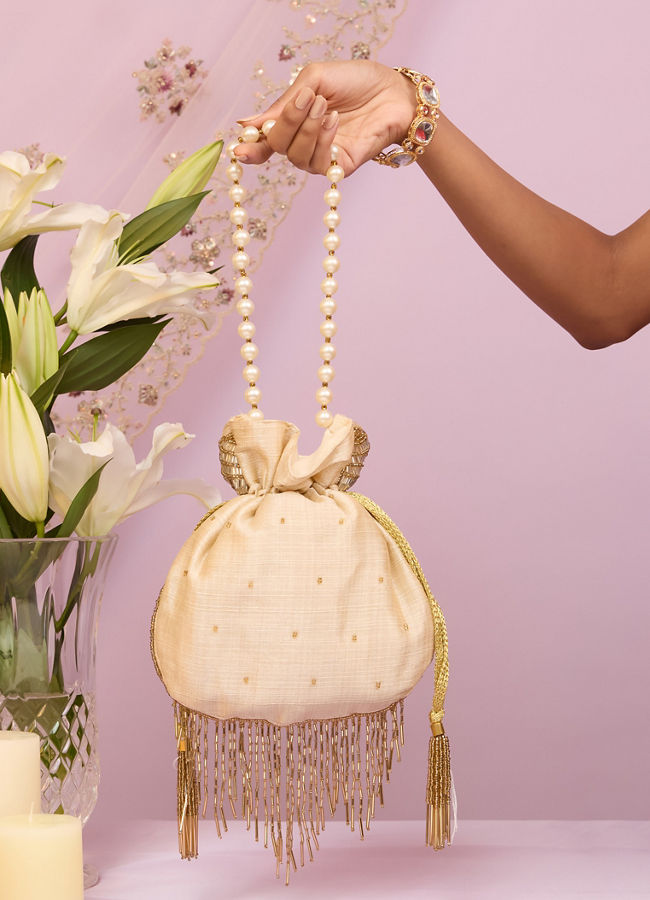 Mohey Women Cream Art Silk Bag with Cutdana Work