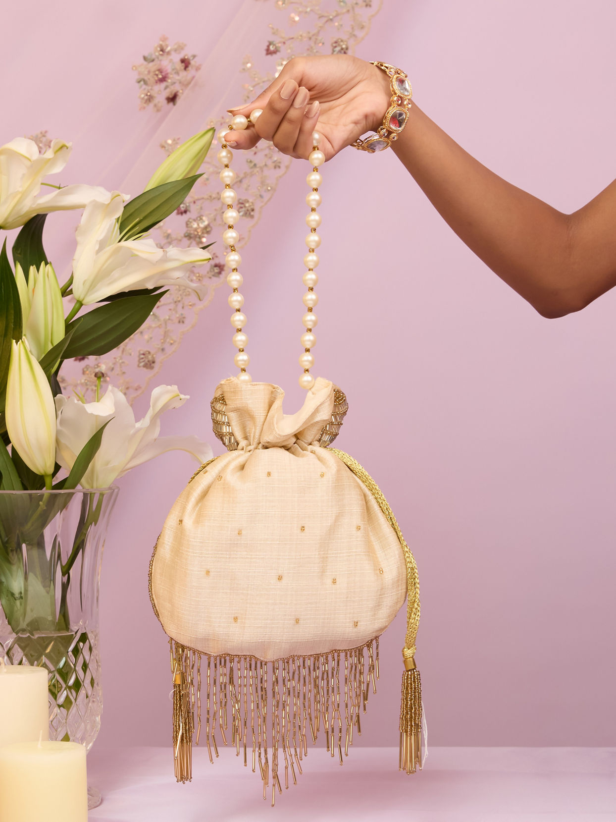 Mohey Women Cream Art Silk Bag with Cutdana Work