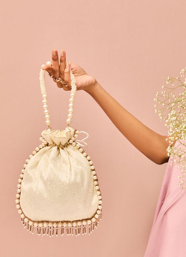 Mohey Women Dark Cream Rhinestone Embellished Potli Bag